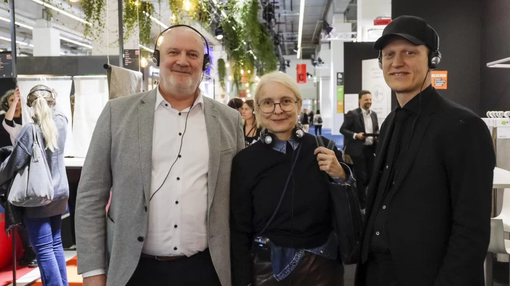 The Interior.Architecture.Hospitality LIBRARY jury members Gerhard Sperling, Jasmin Grego and Felix Diener at Heimtextil 2023 (Photo: Messe Frankfurt / Thomas Fedra)
