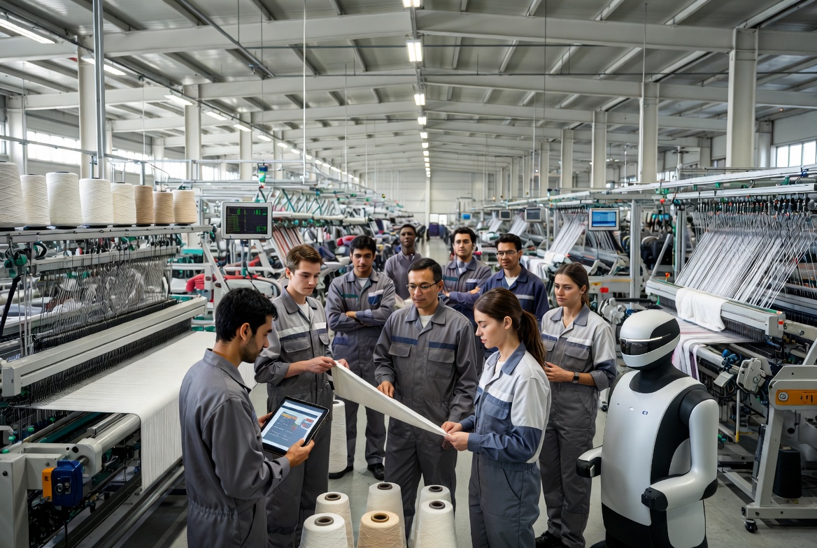 Smart textile factory with connected machines showing Industry 5.0 textile manufacturing automation