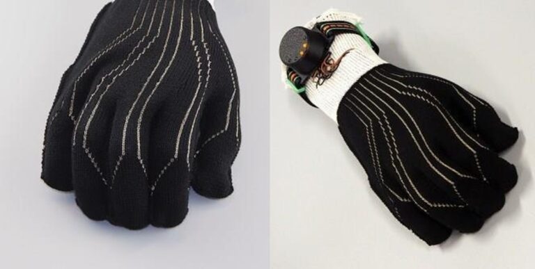 Steiger smart textile glove with embedded sensors and conductive yarns showcased at Techtextil Frankfurt